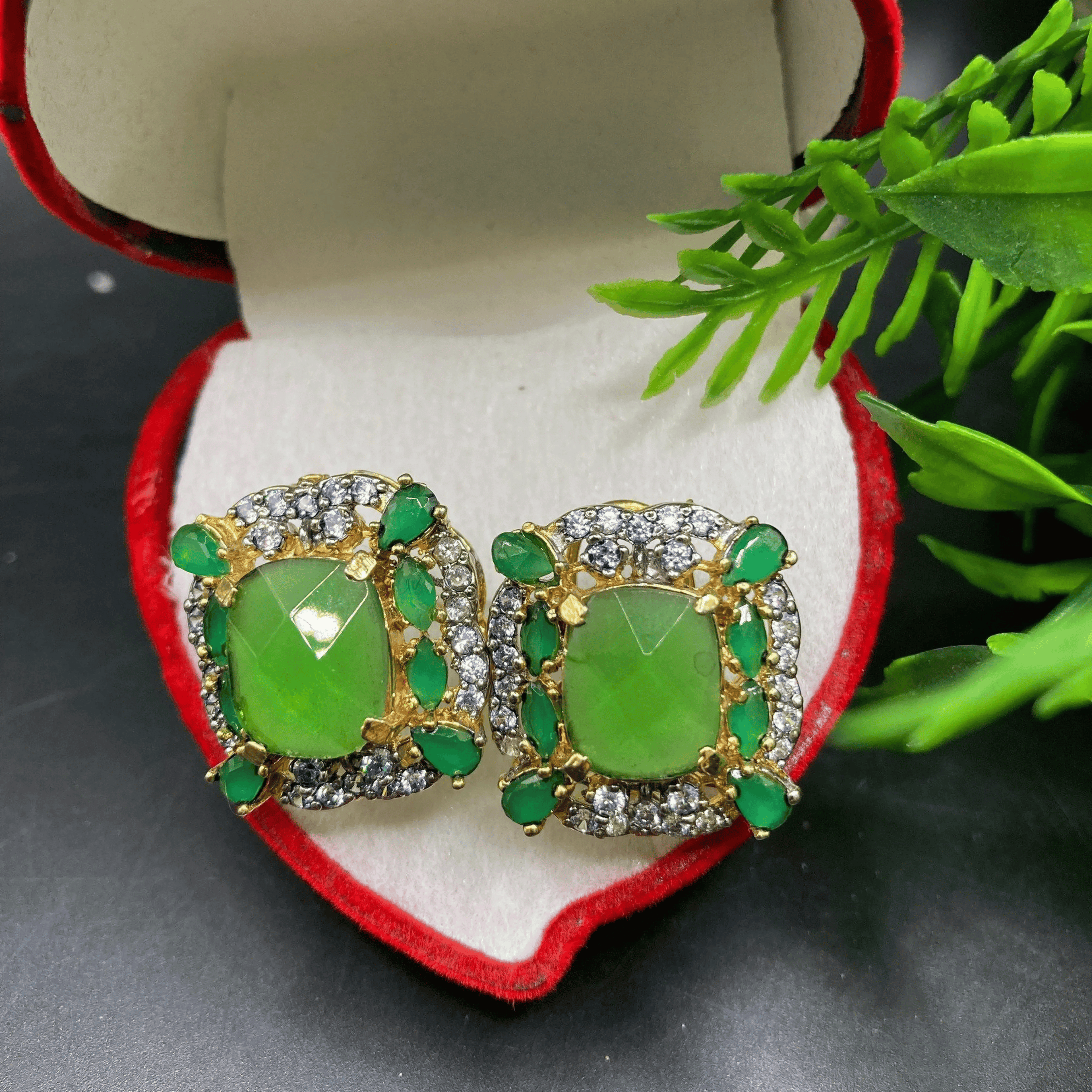 Elegant Design Green Stone Golden Earrings For Women